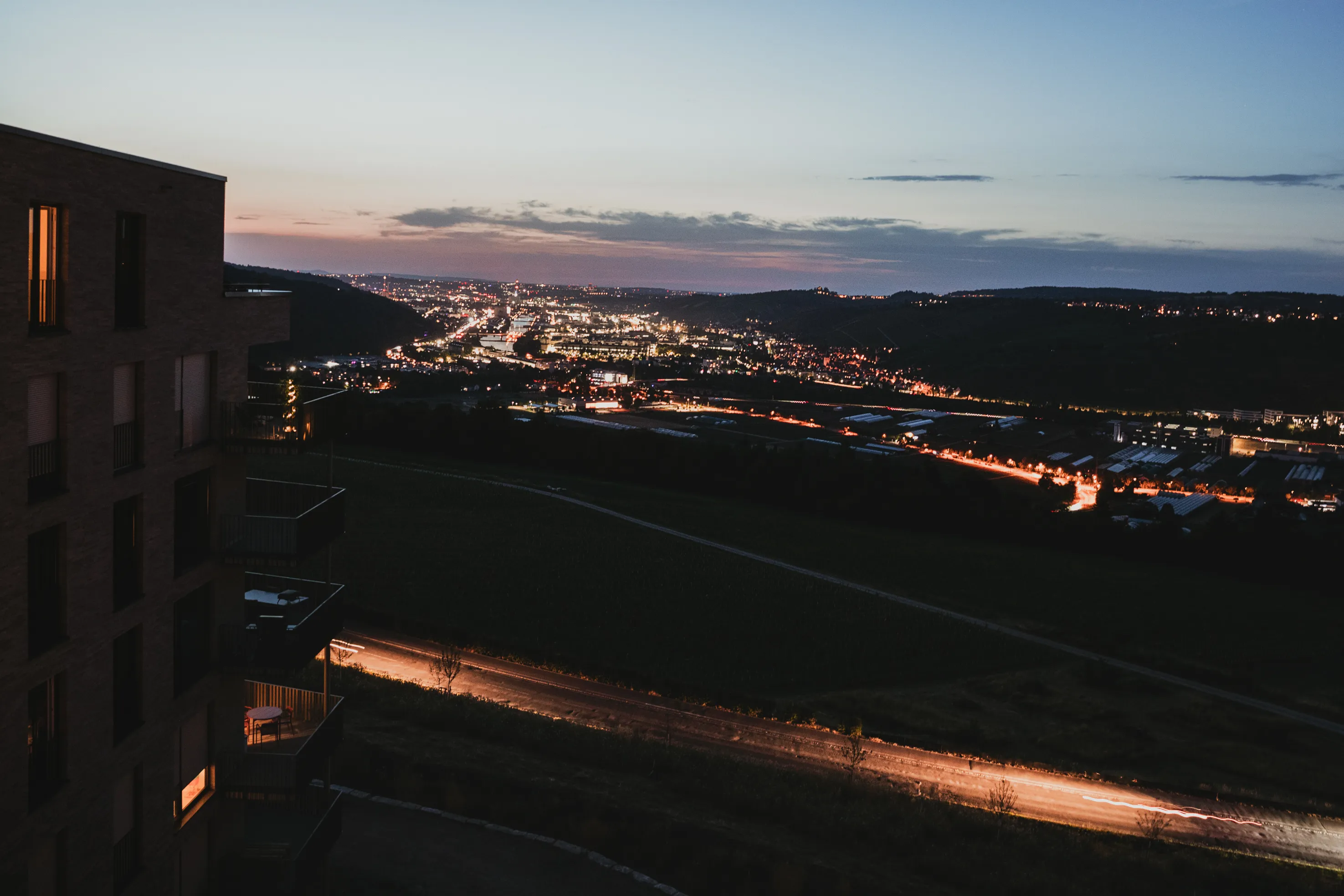 View from rooftop terrace at sunset