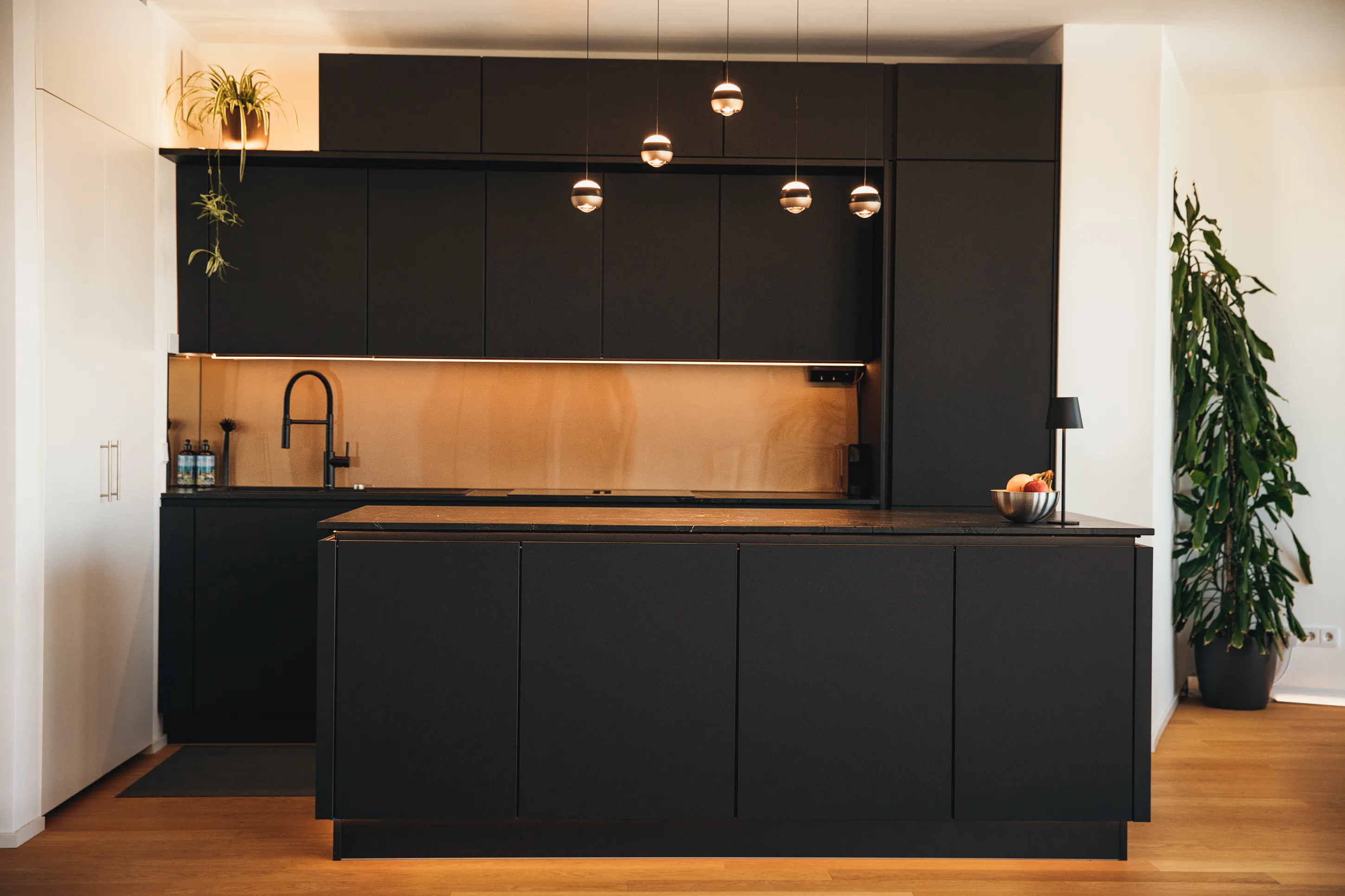 Open living kitchen with marble countertop